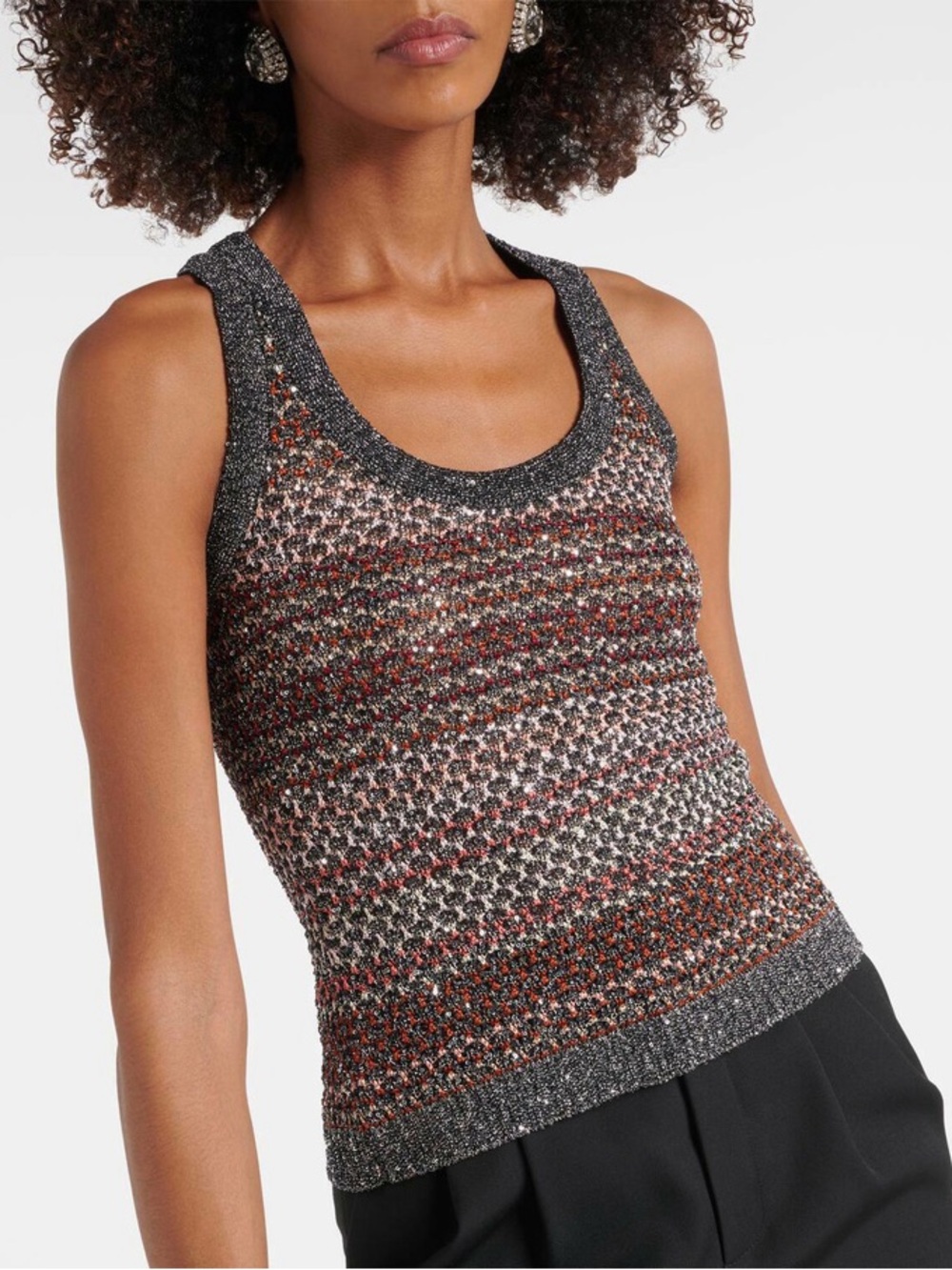 Missoni striped sequined metallic crochet knit tank top
